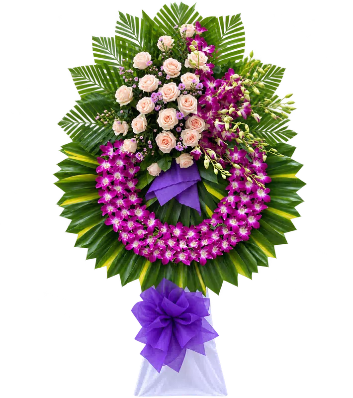 Kệ Hoa Chia Buồn Tím Hồng Kết Hoa Tinh Gọn