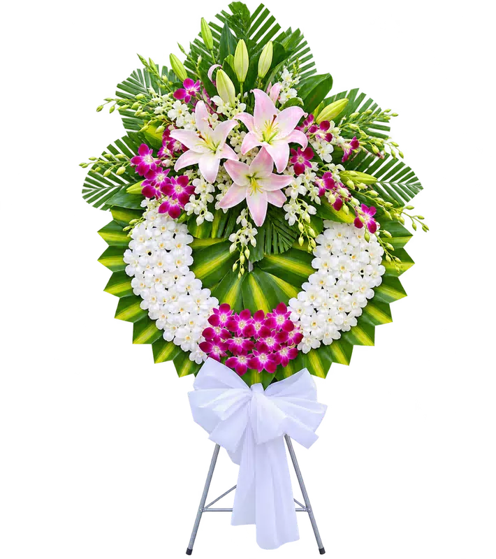Kệ Hoa Chia Buồn Tím Hồng Tạo Hình Cân Đối