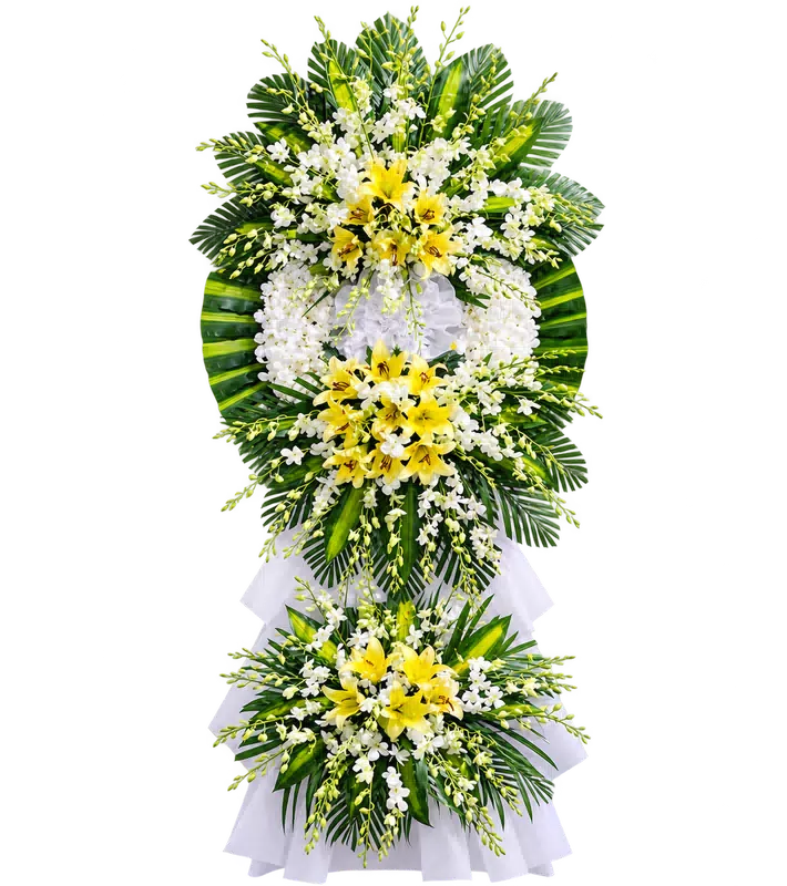 Kệ Hoa Chia Buồn Trắng Xanh Bố Trí Cân Đối