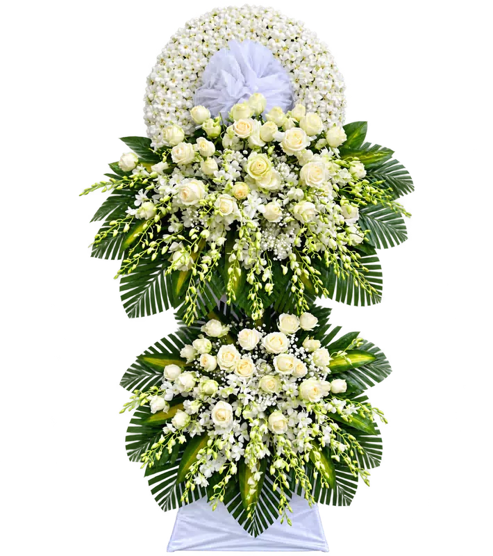 Kệ Hoa Chia Buồn Trắng Xanh Dáng Hoa Tiết Chế