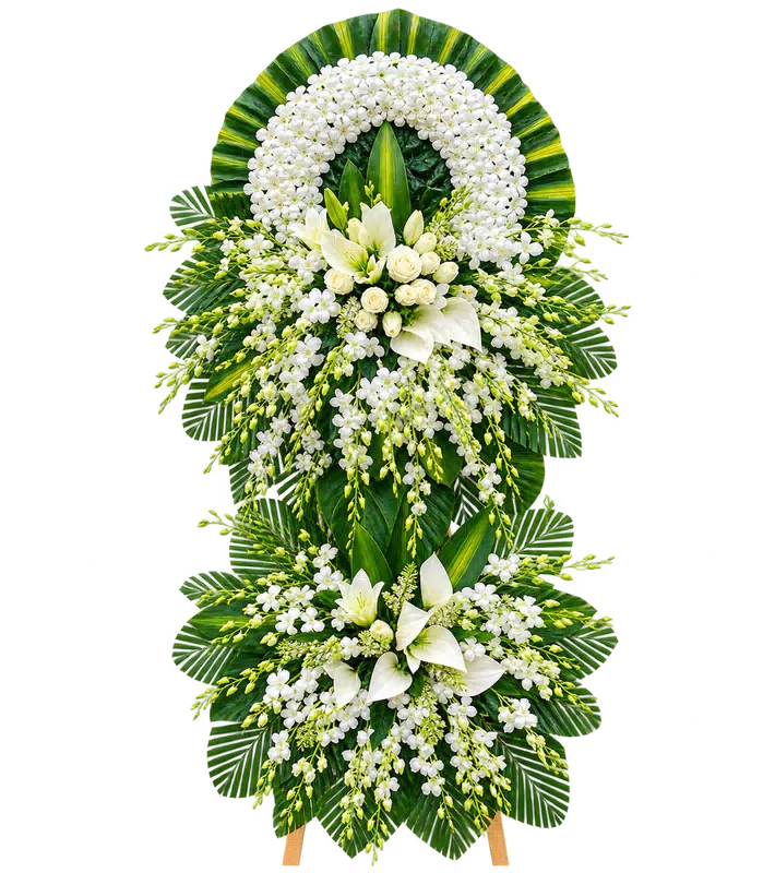 Kệ Hoa Chia Buồn Trắng Xanh Kết Hoa Tiết Chế