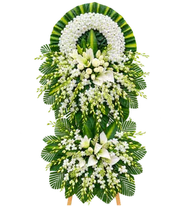 Kệ Hoa Chia Buồn Trắng Xanh Kết Hoa Tiết Chế