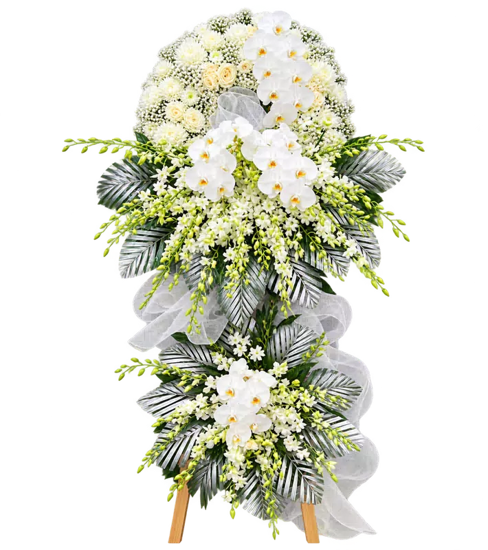 Kệ Hoa Chia Buồn Trắng Xanh Kết Hoa Tinh Gọn