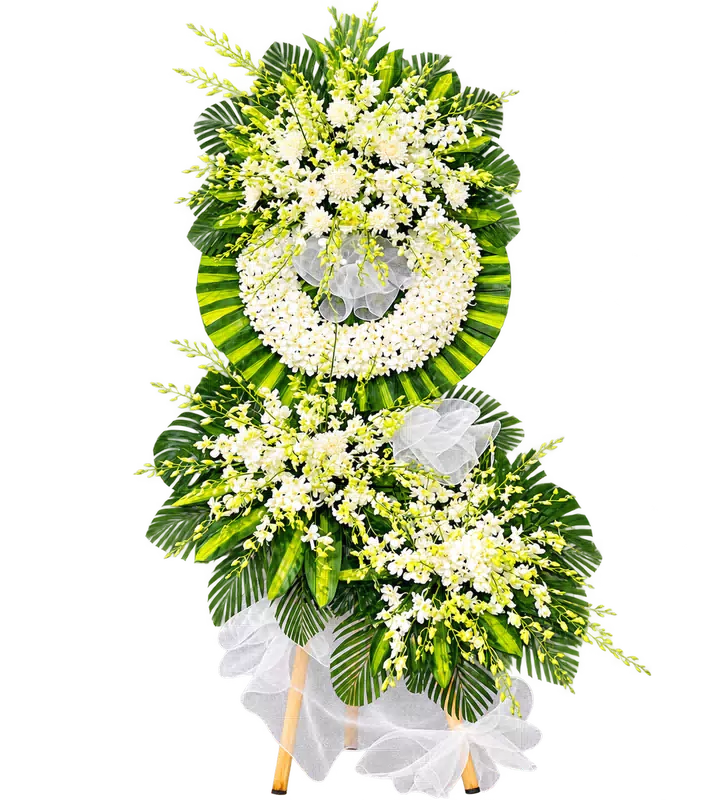 Kệ Hoa Chia Buồn Trắng Xanh Tạo Hình Nhẹ Nhàng