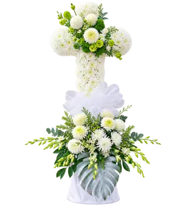 Kệ Hoa Kính Viếng Hình Thánh Giá Trắng Xanh Bố Cục Cân Xứng