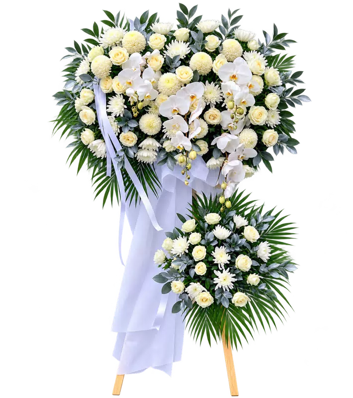 Kệ Hoa Kính Viếng Trắng Xanh Bố Cục Nhẹ Nhàng