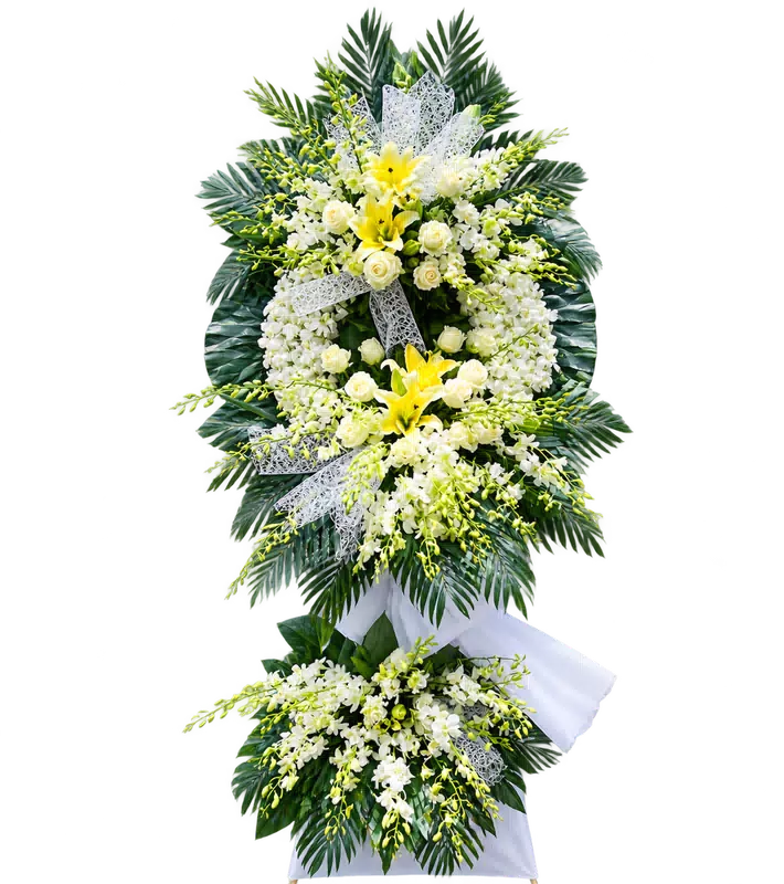 Kệ Hoa Tang Lễ Trắng Xanh Bố Cục Trang Trọng