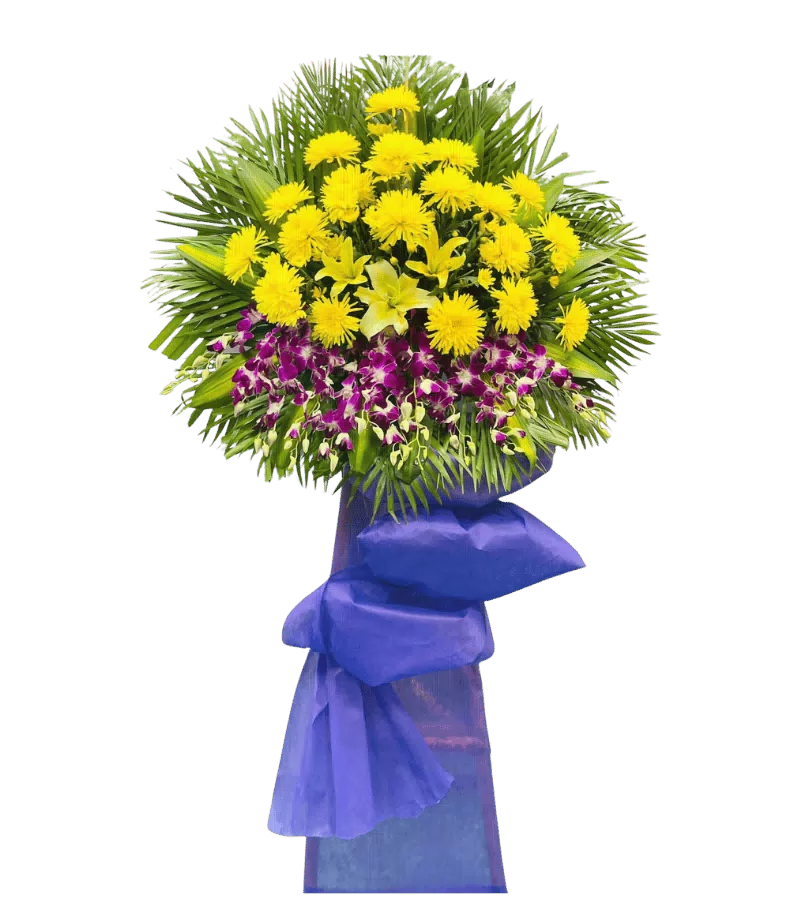 Kệ Hoa Viếng Cúc Vàng Phối Lan Tím Nơ Xanh