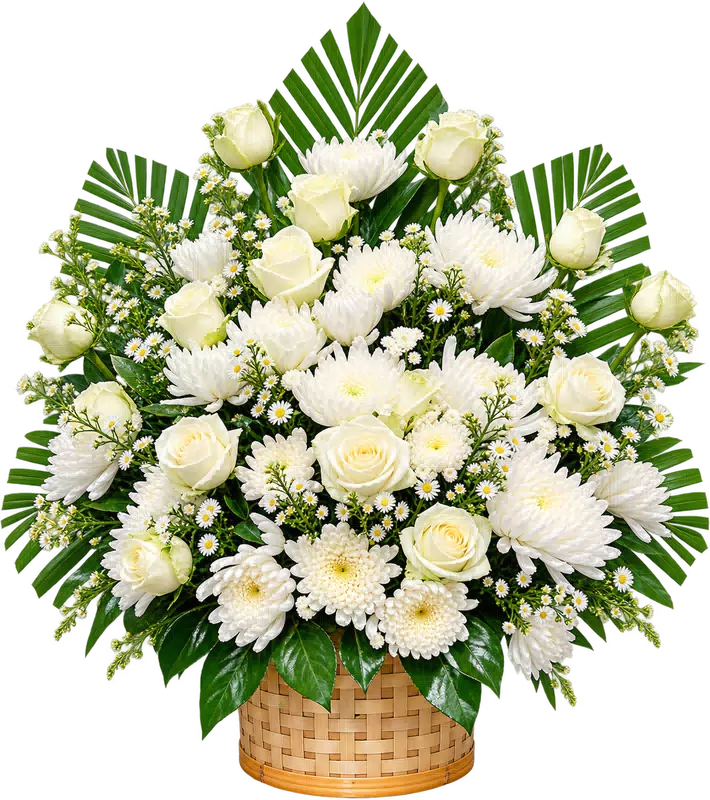 Lẵng Hoa Chia Buồn Hồng Trắng Cúc Trắng Dáng Đứng Cân Đối