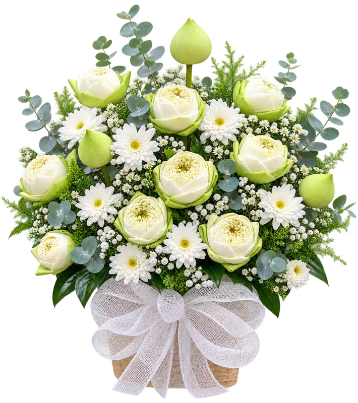 Lẵng Hoa Chia Buồn Sen Trắng Cúc Trắng