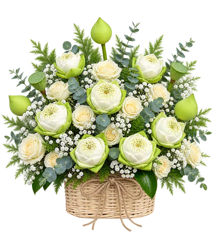 Lẵng Hoa Chia Buồn Sen Trắng Hồng Trắng