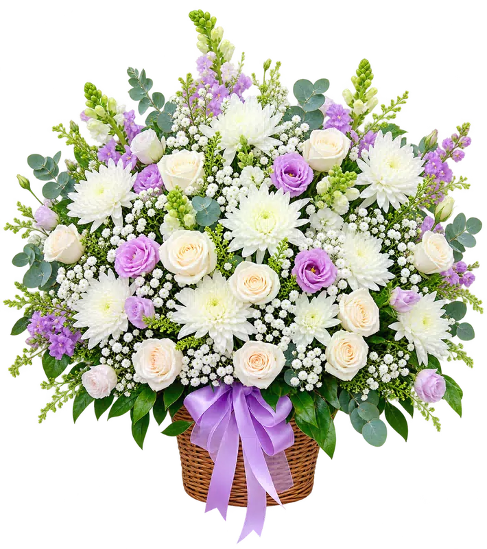 Lẵng Hoa Chia Buồn Trắng Tím